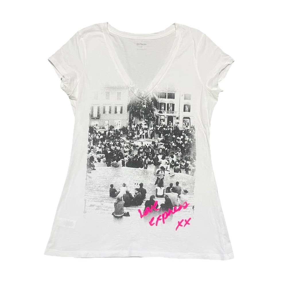 Express Deep V Neck Fitted Graphic‎ Y2K Tshirt Top Size L  2000'